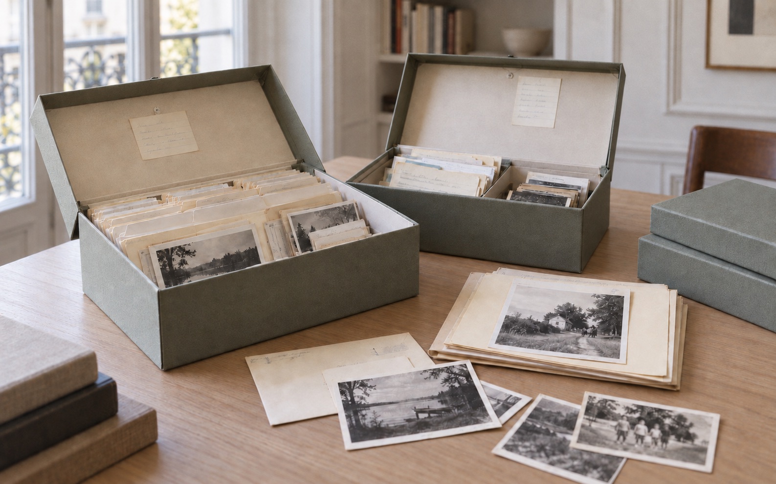 Illustrative archival boxes and protected family papers on a pale oak table in an elegant study.
