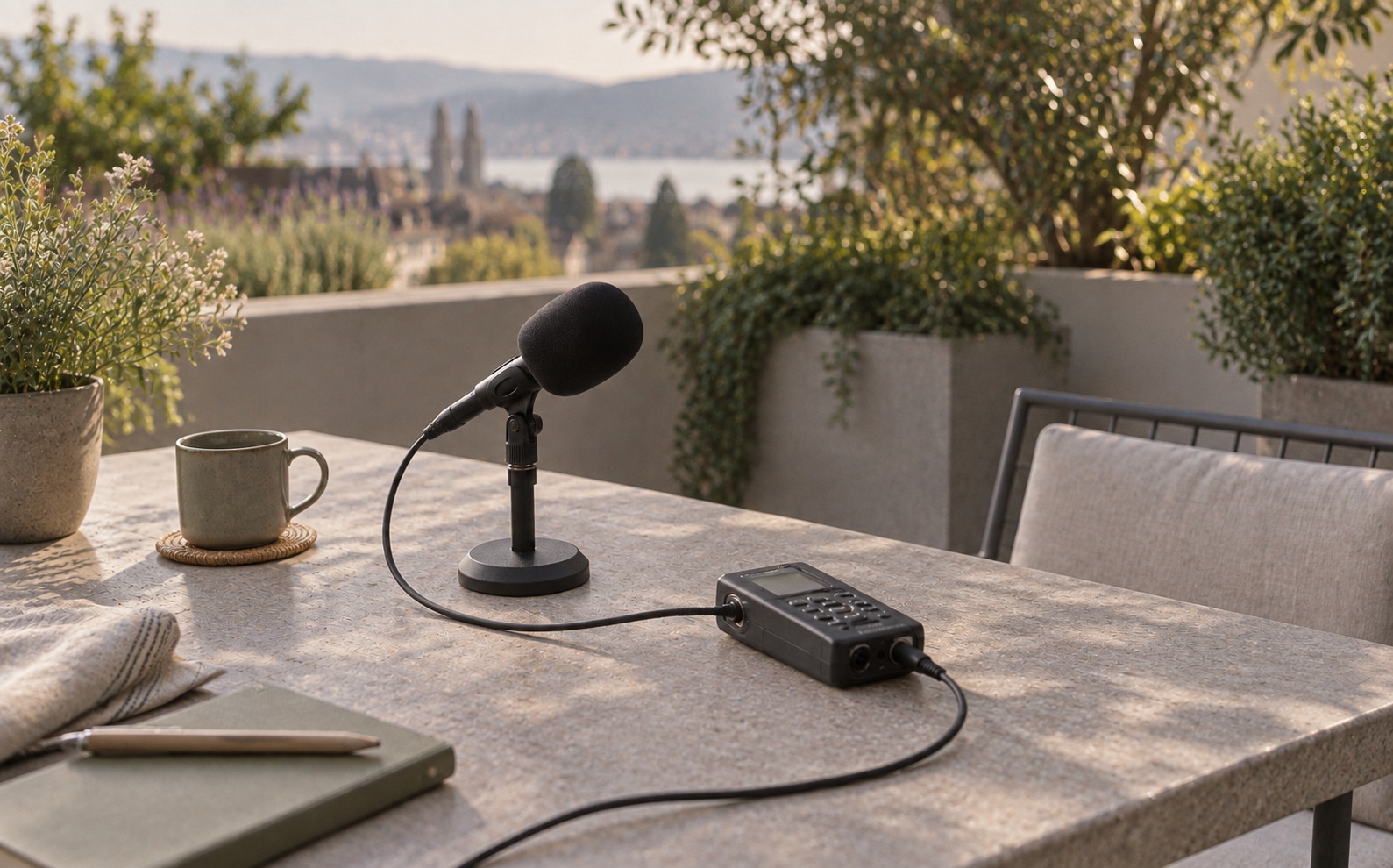 Illustrative microphone and recorder on a stone garden table overlooking a lake from a penthouse terrace.