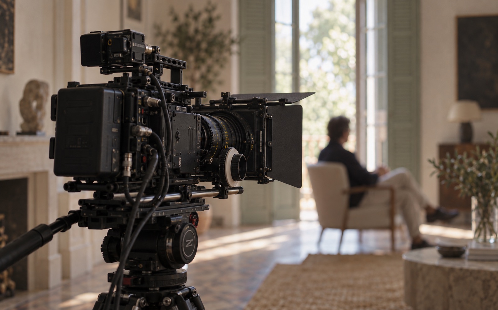Illustrative fully rigged cinema camera in a refined villa, with an unrecognizable seated person blurred in the background.
