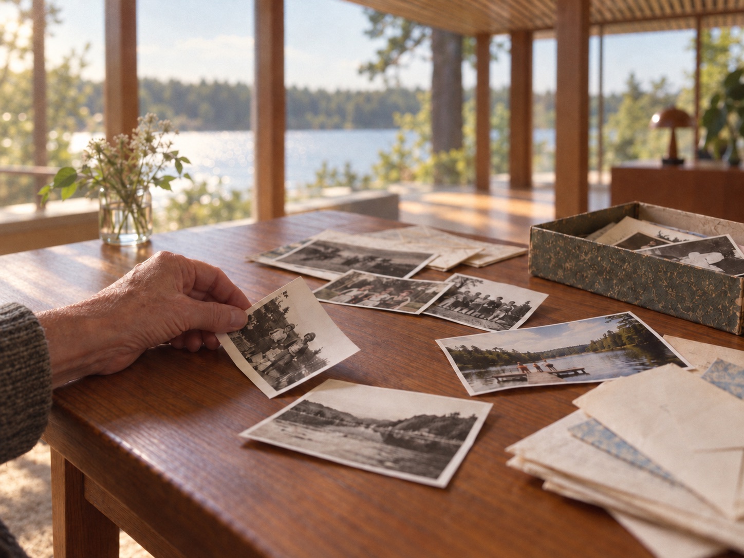 An older hand holding a family photograph at a teak table in a light-filled lakeside house.